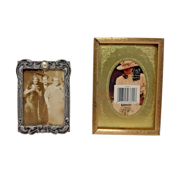 Lot of 2 Vintage Ornate Frames w/ Photo 1930s Metal Pearl Accent & Gold Frame - Picture 1 of 10